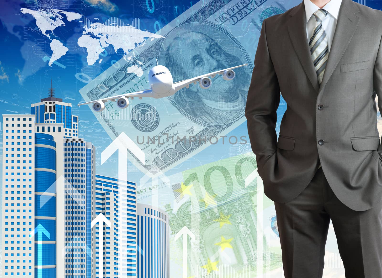 Businessmen with airplane, skyscrapers and money. Business concept