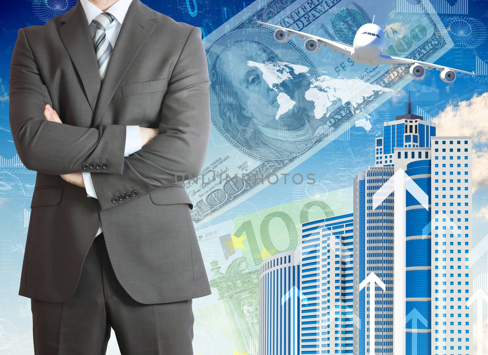 Businessmen with airplane, skyscrapers and money. Business concept