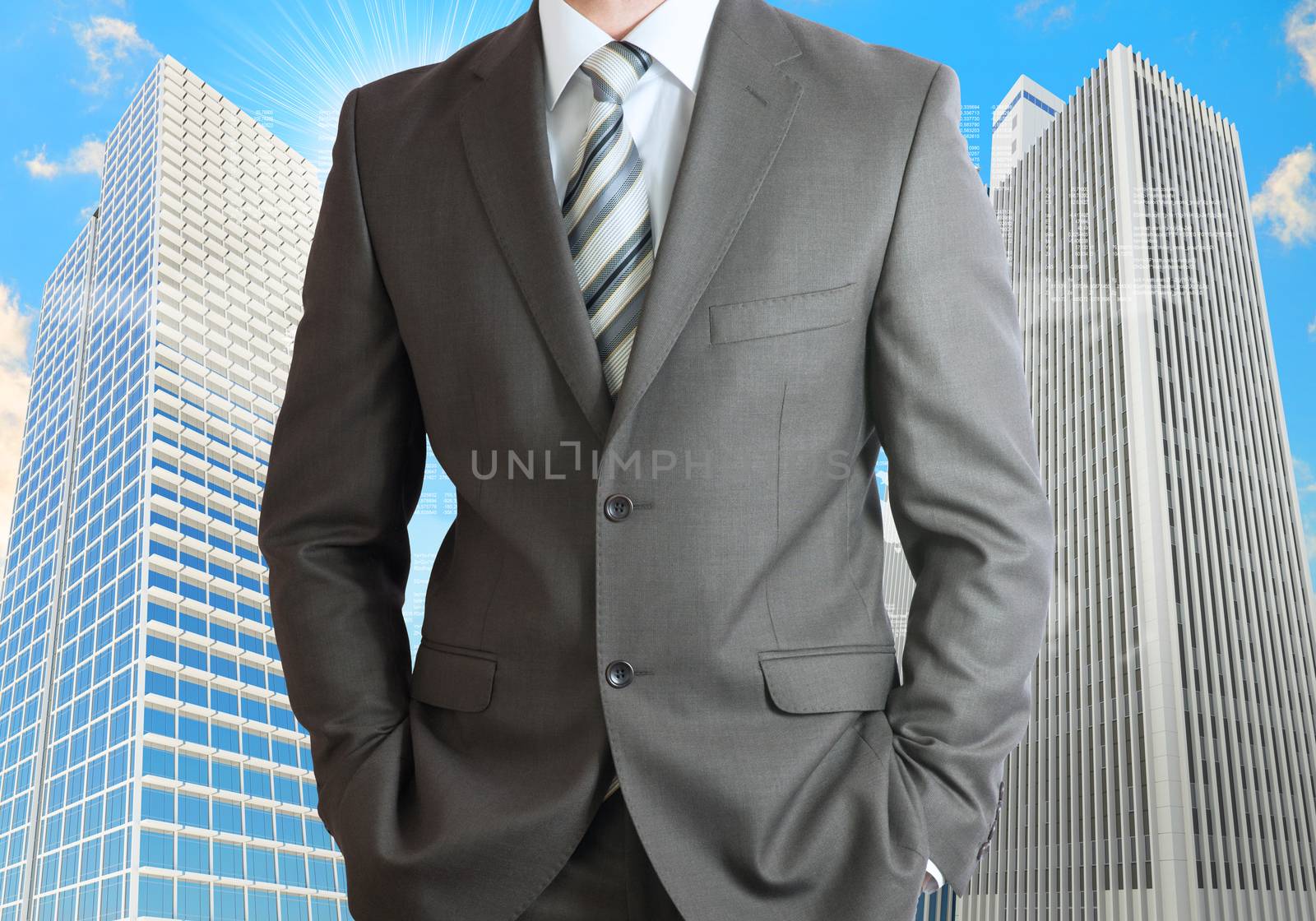 Businessmen with skyscrapers. Concept growth in business