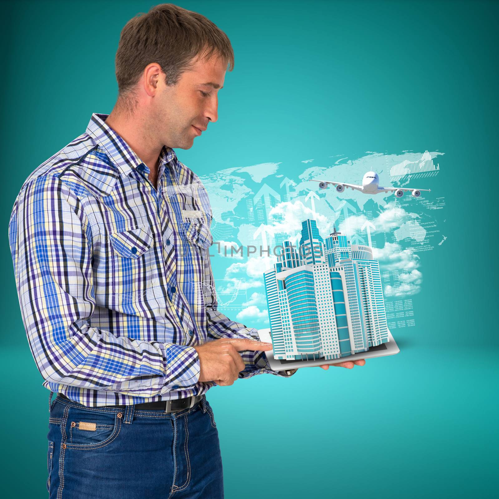 Man hold tablet pc with airplane, skyscrapers and arrow. Business concept