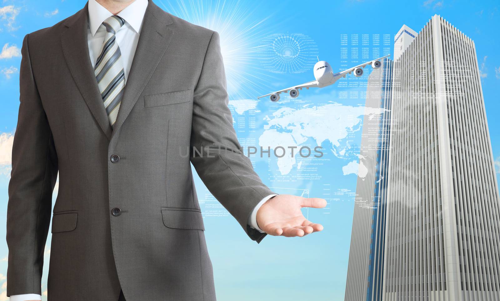 Businessmen with airplane, skyscrapers and world map. Concept growth in business