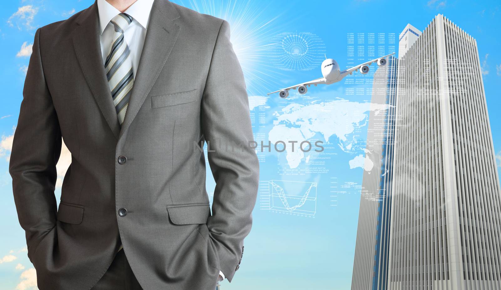 Businessmen with airplane, skyscrapers and world map. Concept growth in business
