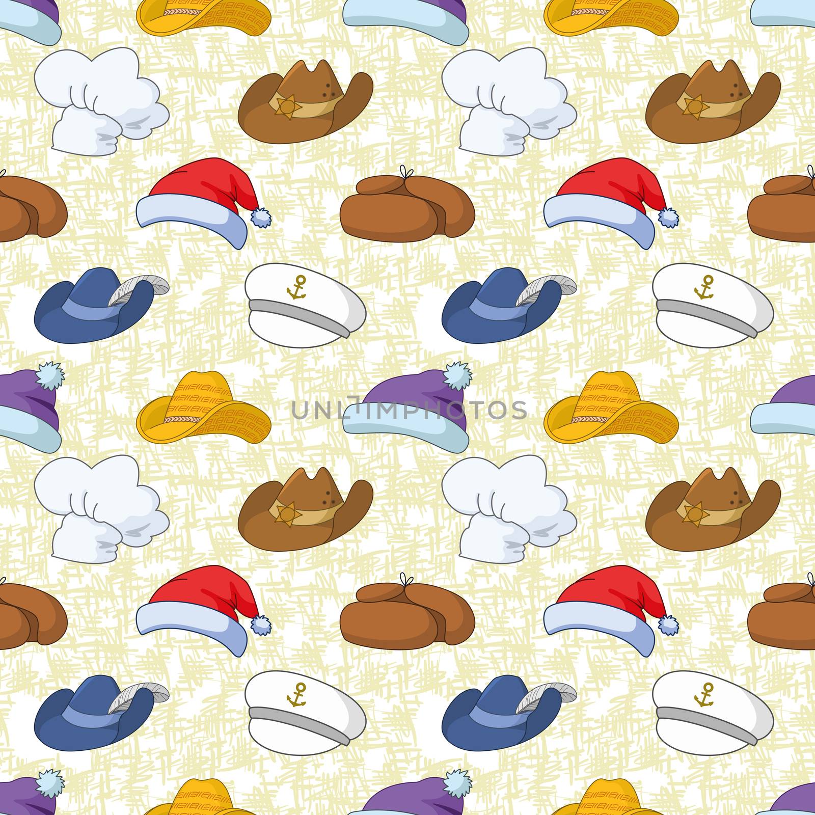 Seamless pattern of different heads designs on abstract background, Santa Claus, sheriff, musketeer, captain, cook and others.