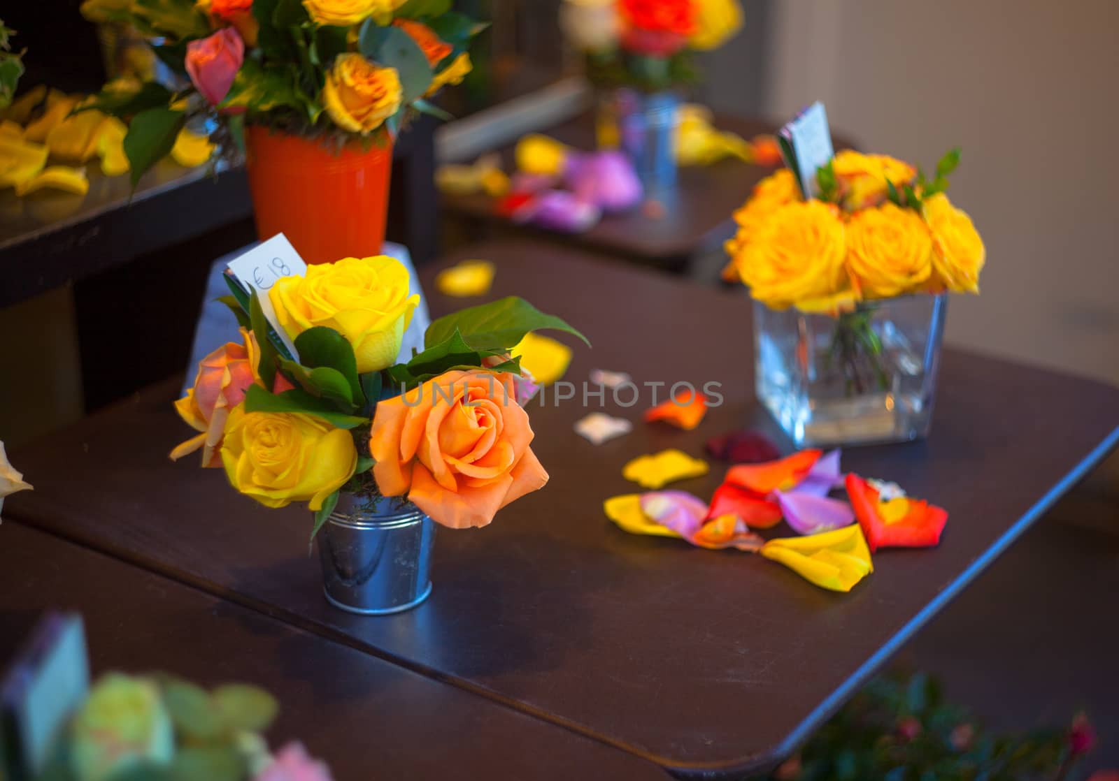 Close up of colorfull roses on the table