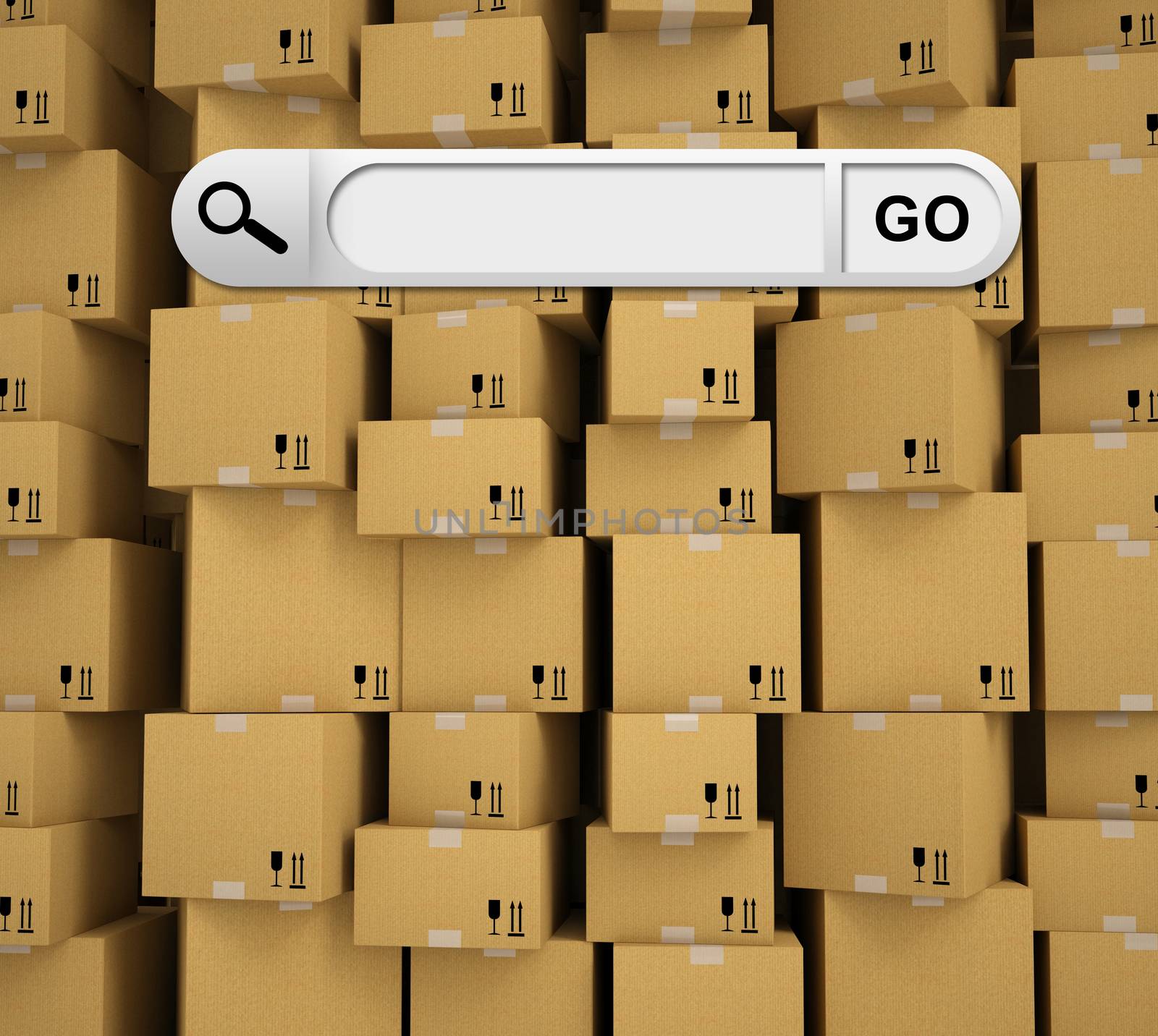 Search bar in browser. Wall of cardboard box as backdrop