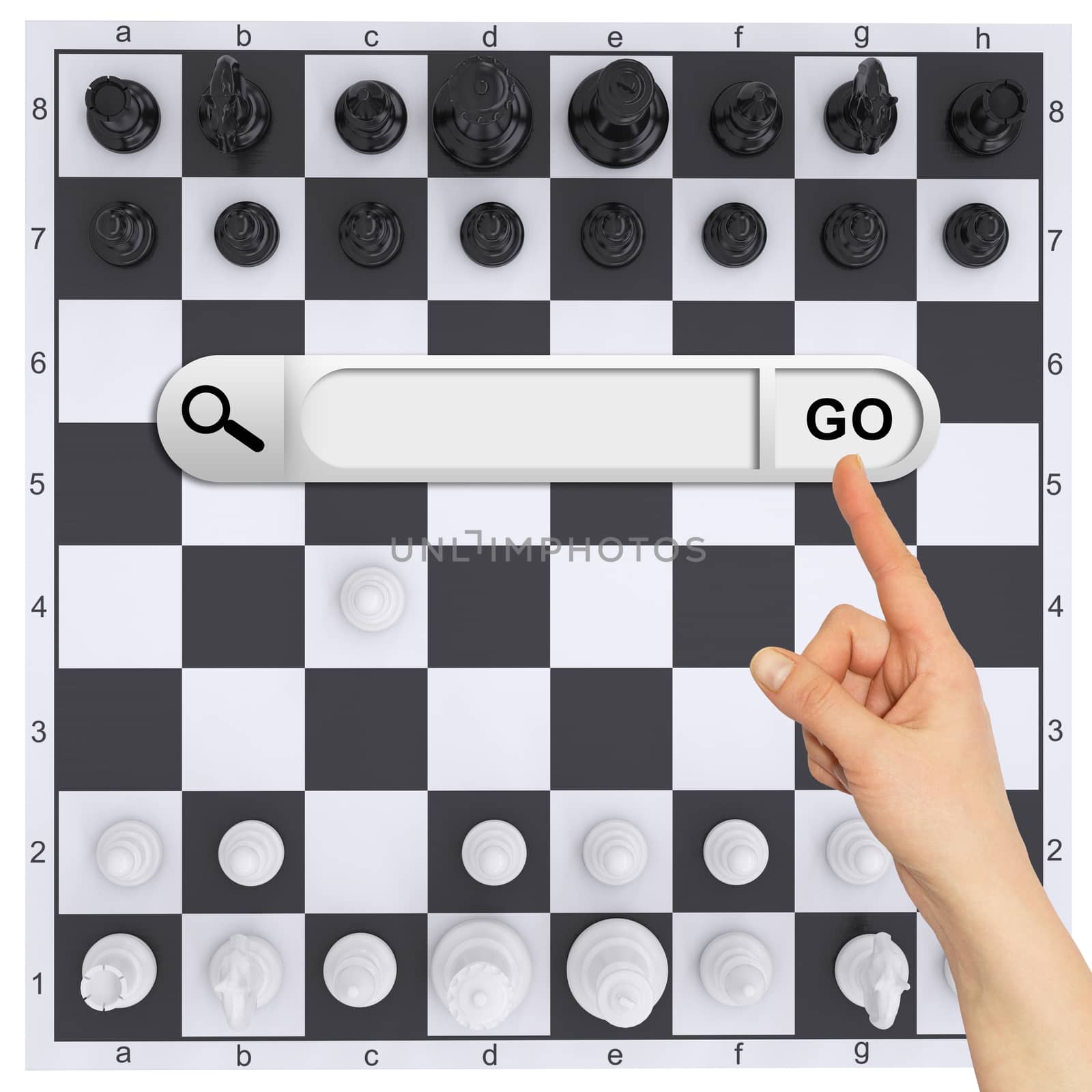 Human hand indicates the search bar in browser. Chess pieces and chessboard on background