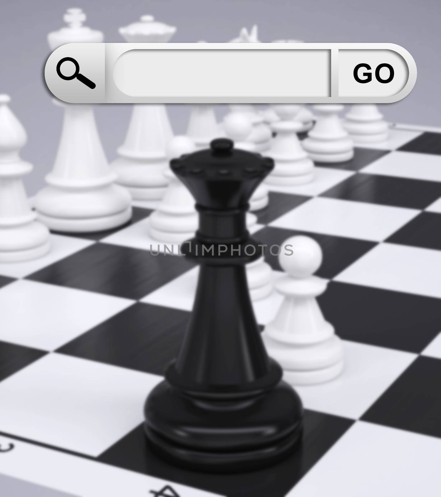 Search bar in browser. Chess pieces and chessboard on background