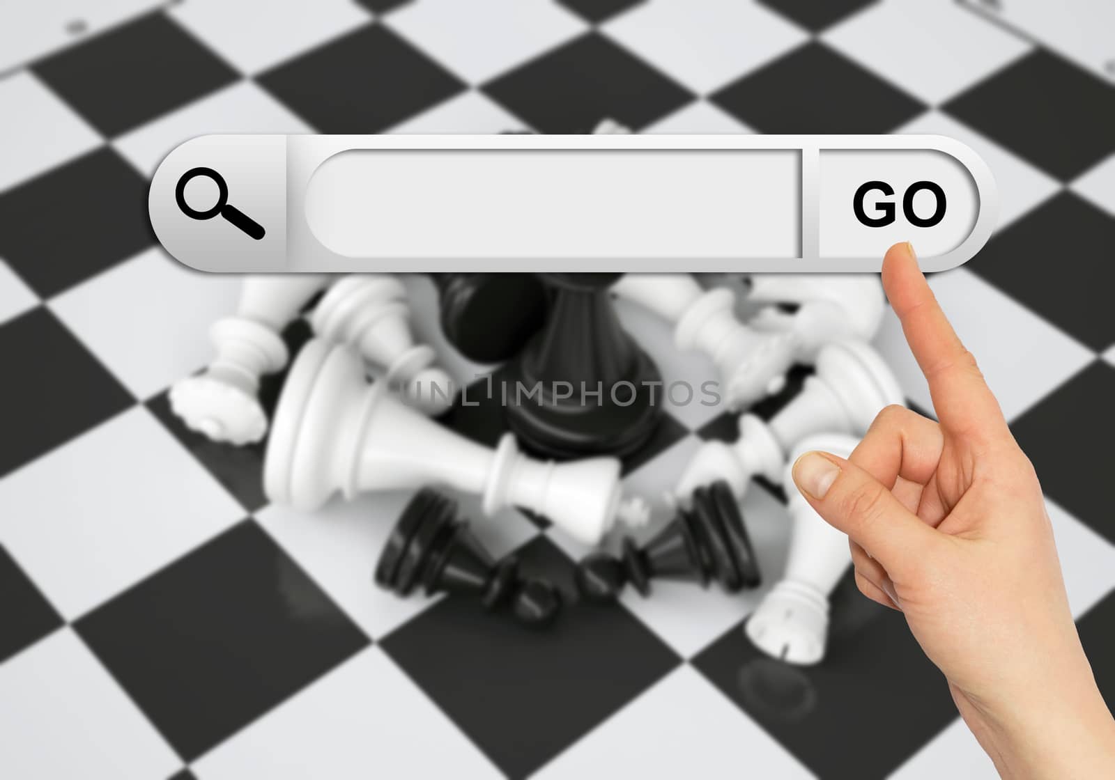 Human hand indicates the search bar in browser. Chess pieces and chessboard on background