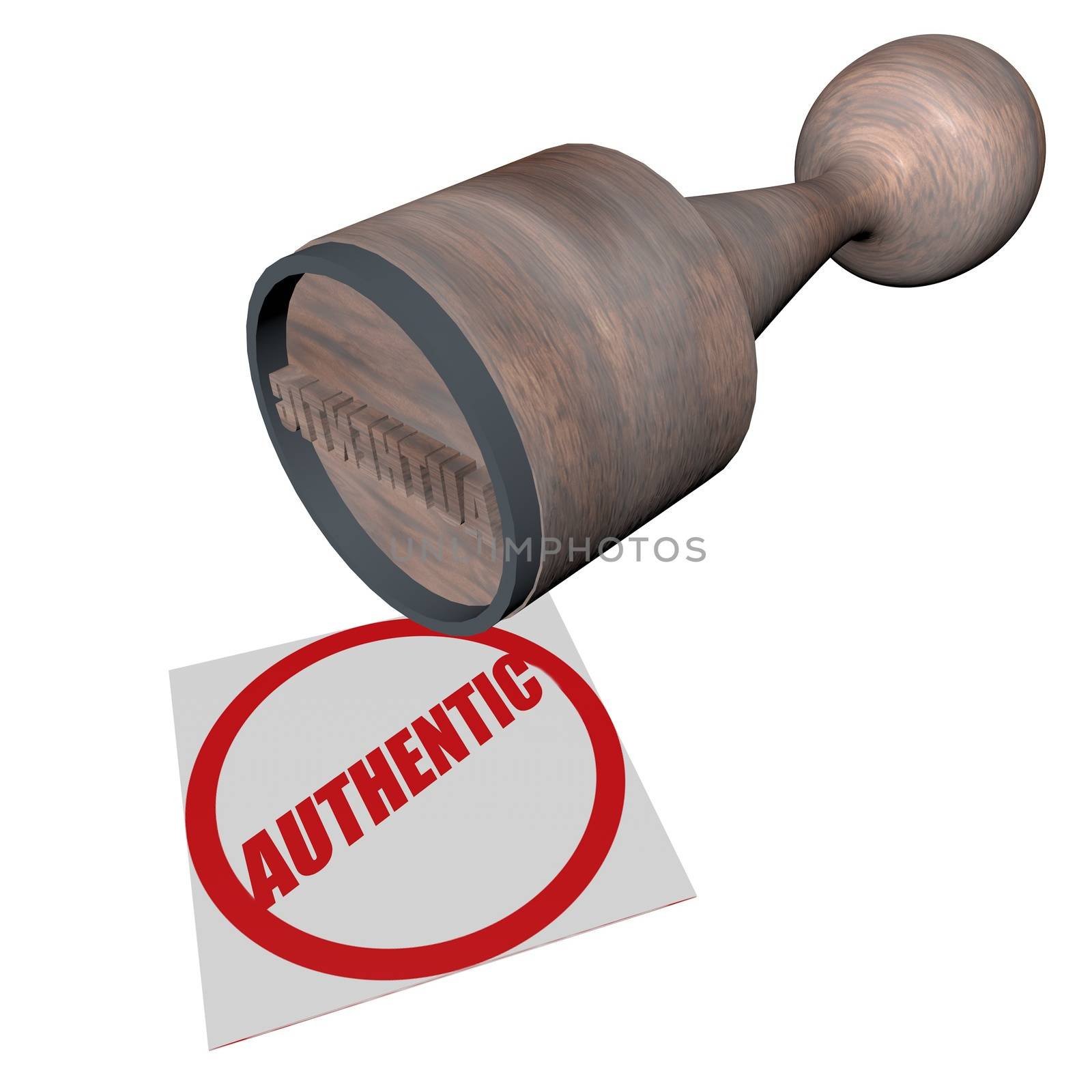 Wooden stamp stamping word "Authentic", 3d render