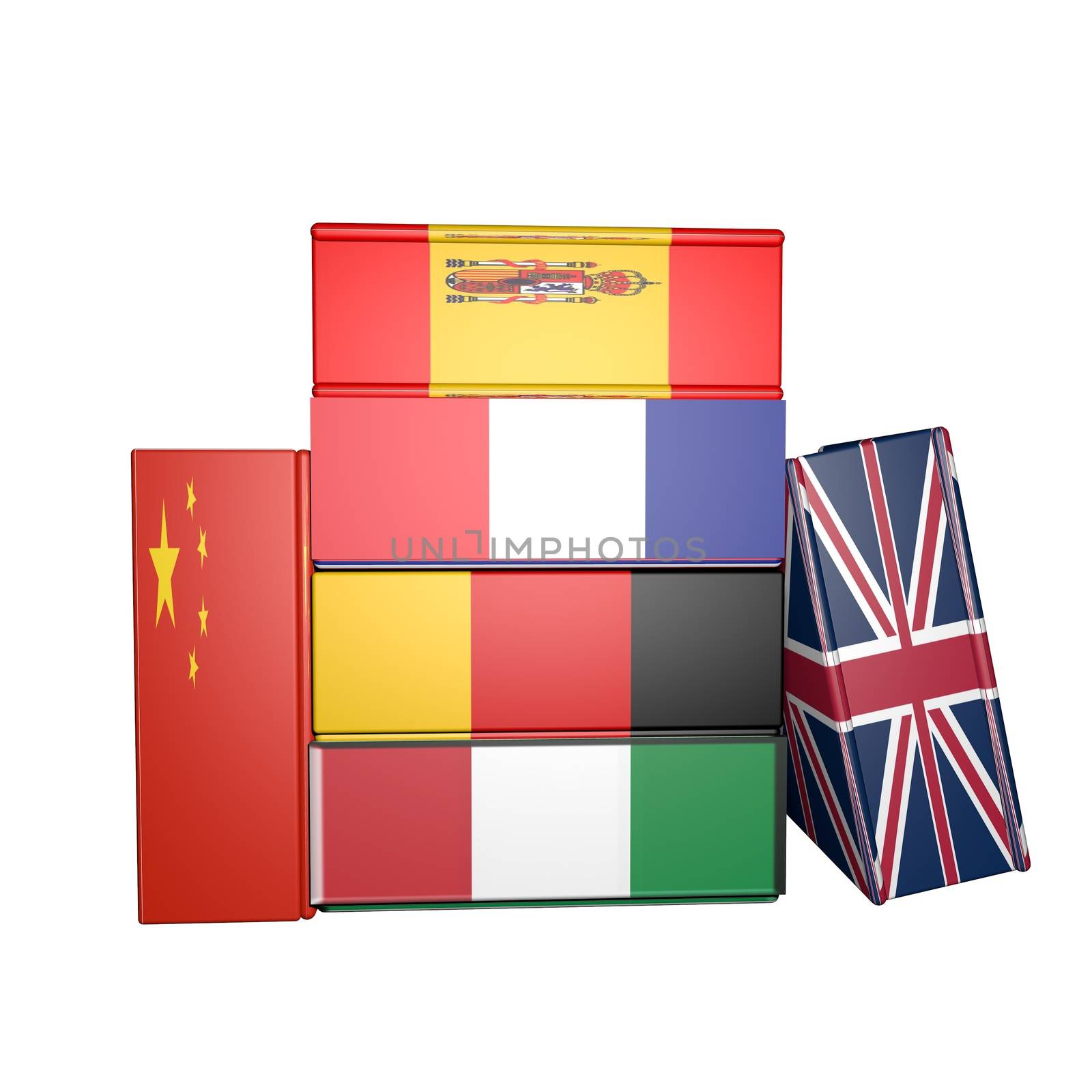 Books with flags on cover, isolated over white, 3d render