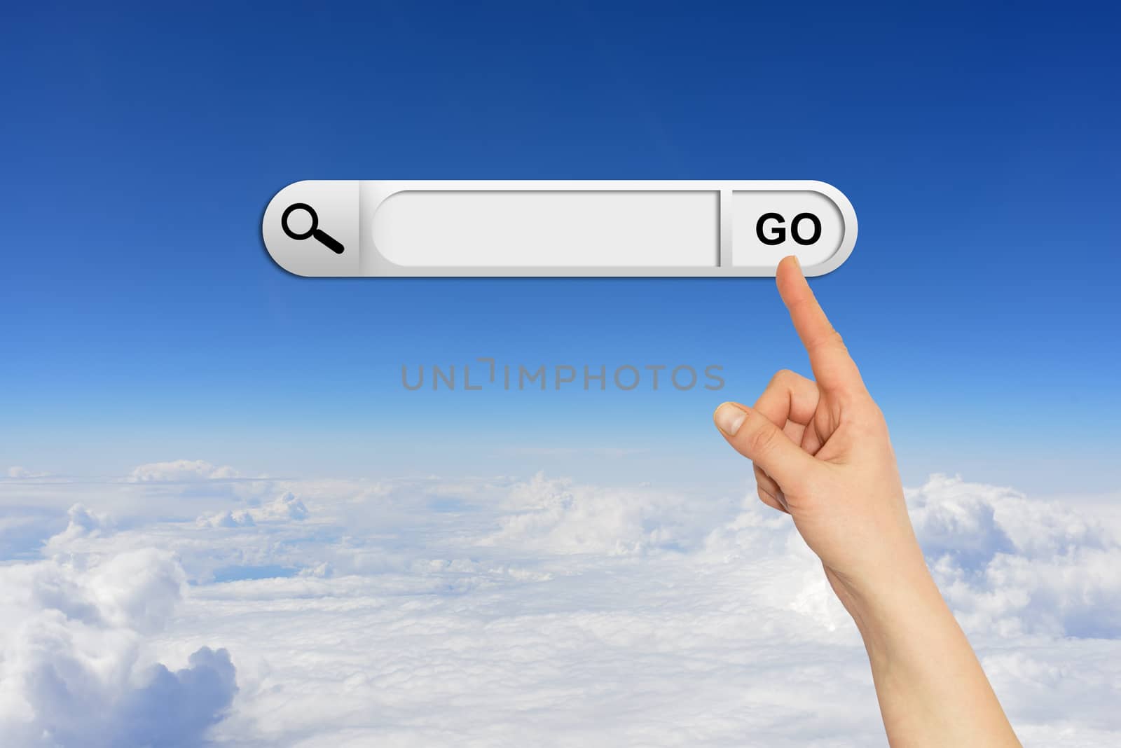 Human hand indicates the search bar in browser. Blue sky and clouds on background