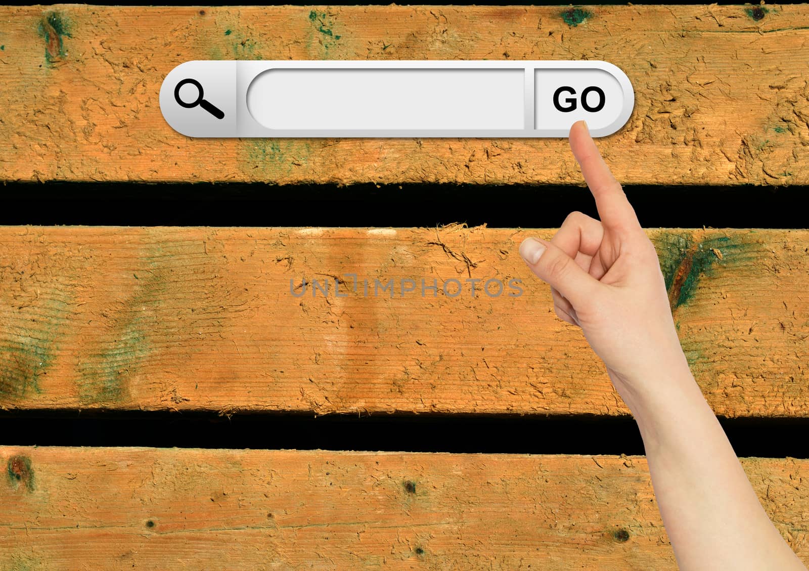 Human hand indicates the search bar in browser by cherezoff