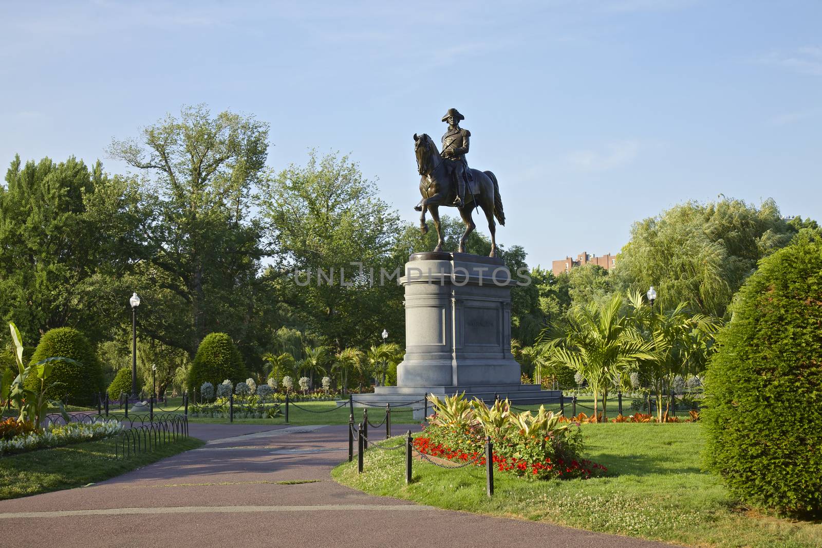 George Washington riding a horse Statue in Boston Public Garden in Central Boston, Massachusetts, USA.