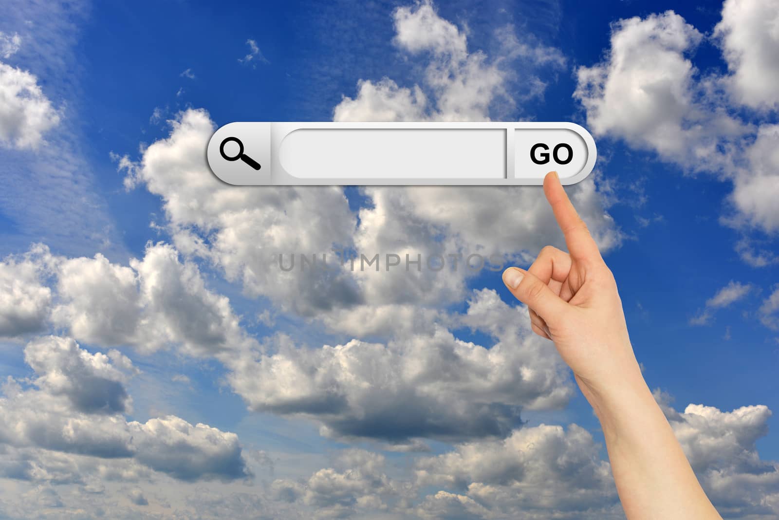 Human hand indicates the search bar in browser. Blue sky and clouds on background