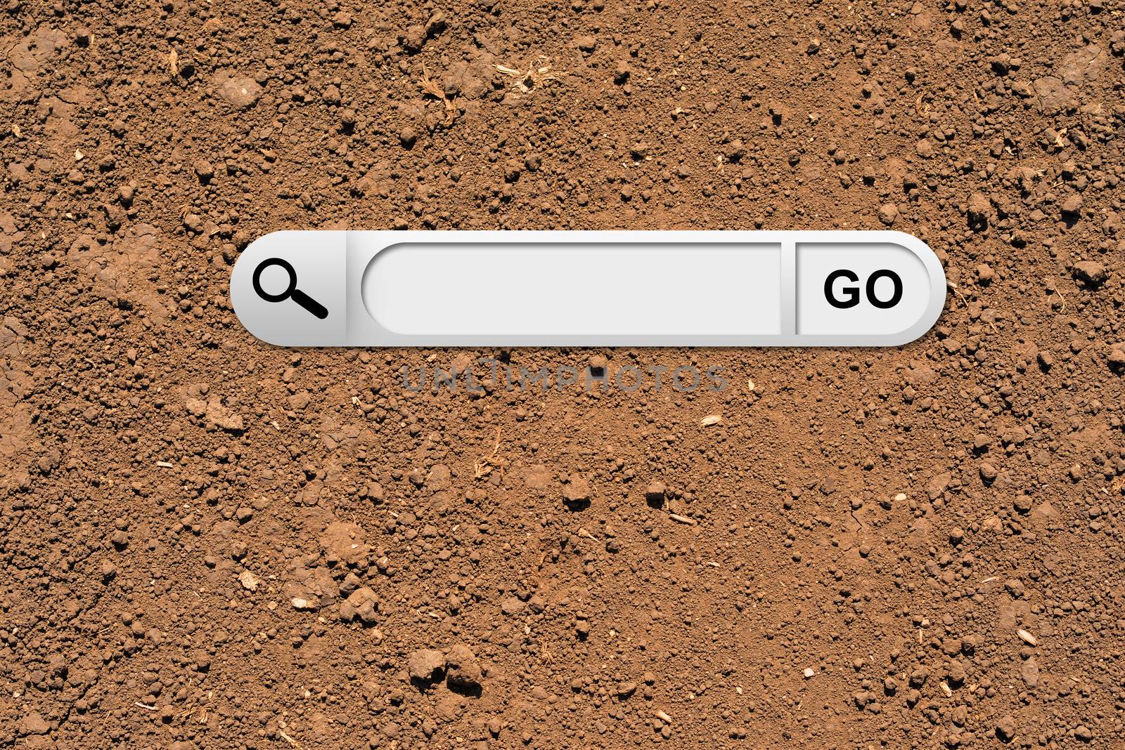 Search bar in browser. Cultivated brown soil surface on background