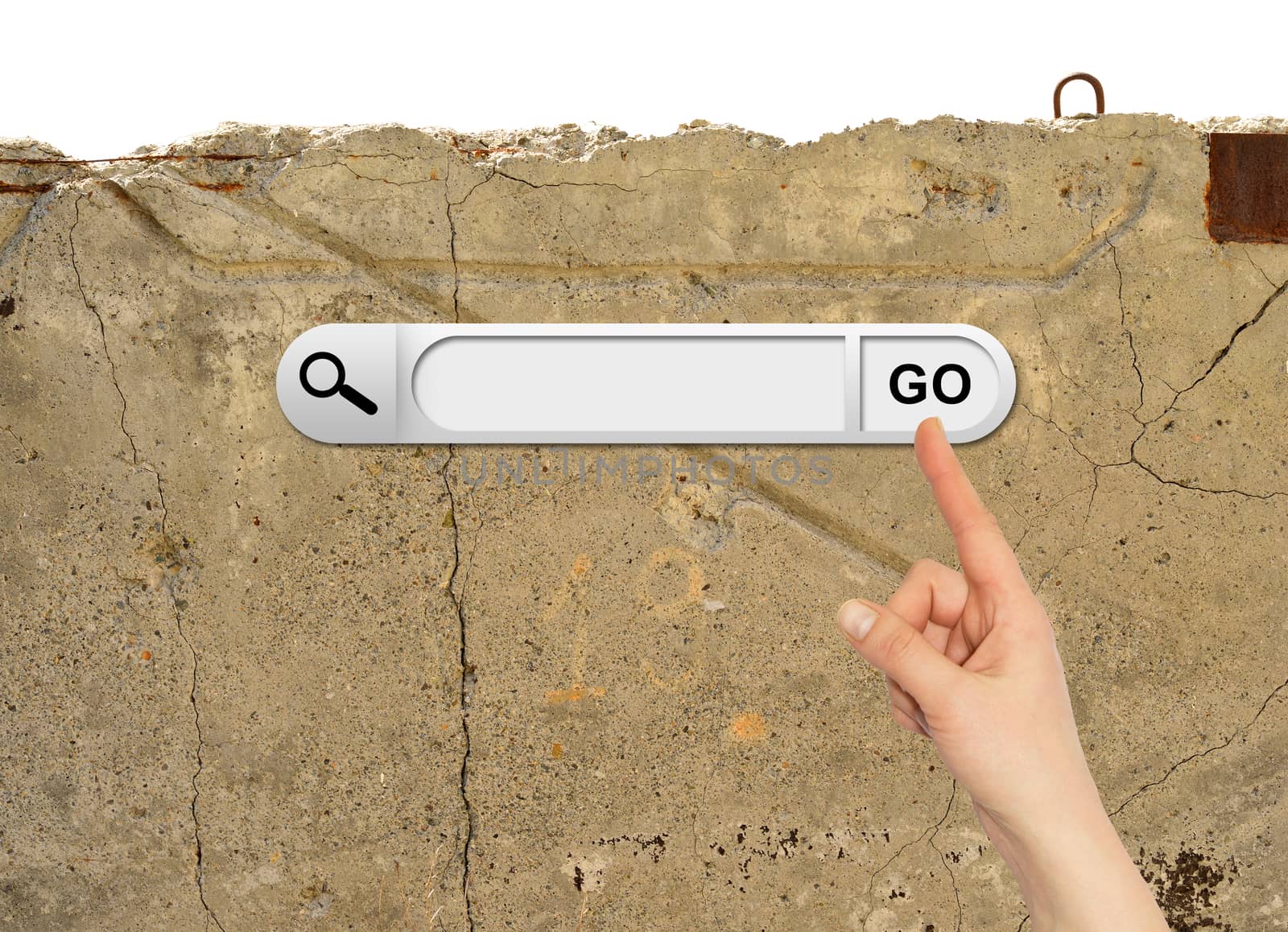 Human hand indicates the search bar in browser. Aged brown cemented floor on background