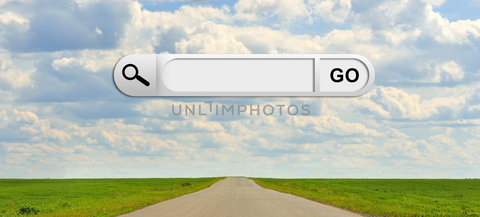 Human hand indicates the search bar in browser. Green grass, road and clouds on background