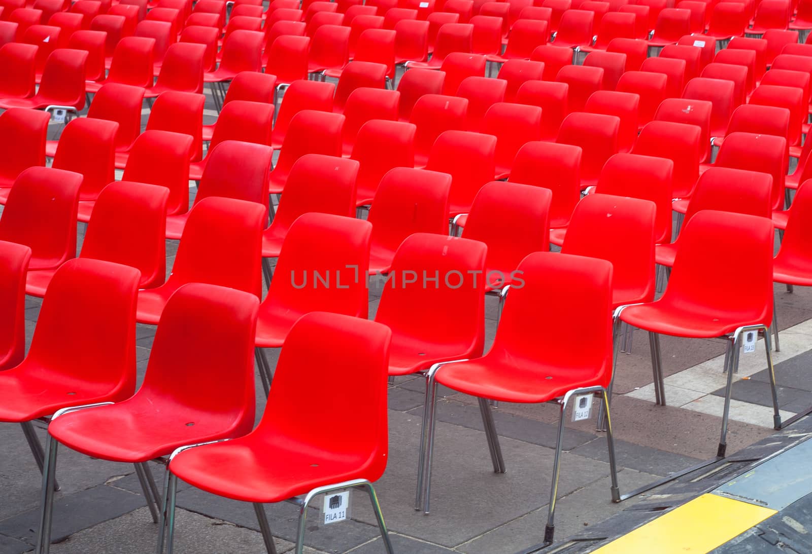 View of many red chairs ready for conference