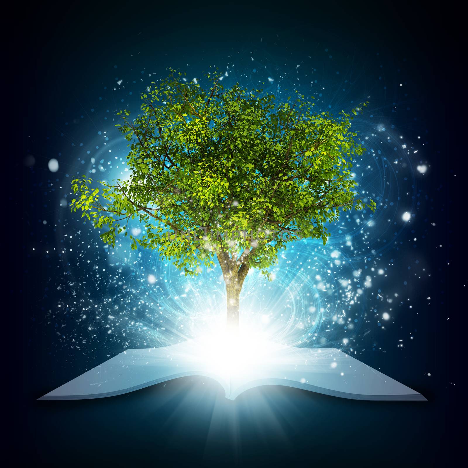 Open book with magical green tree and rays of light on dark background