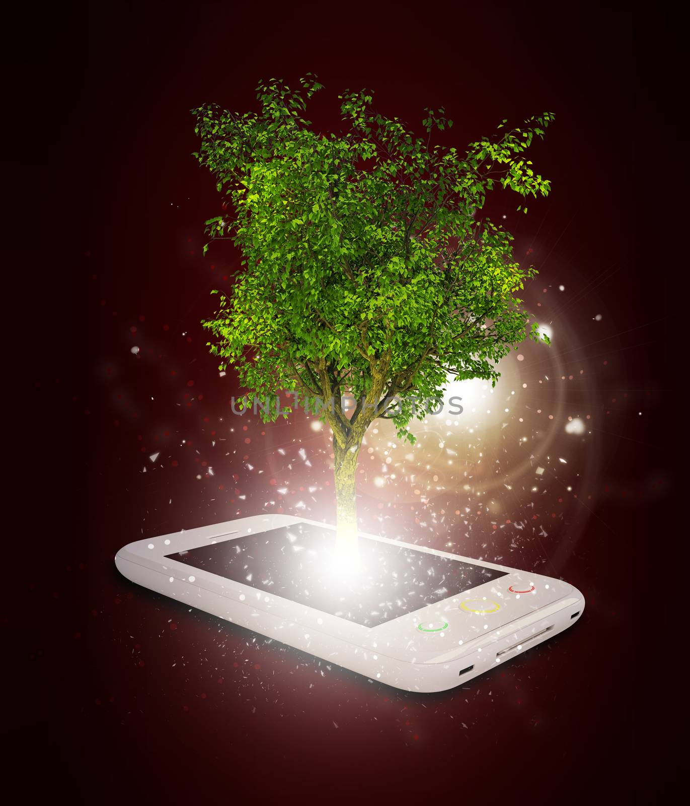 Smart phone with magical green tree and rays of light on dark background