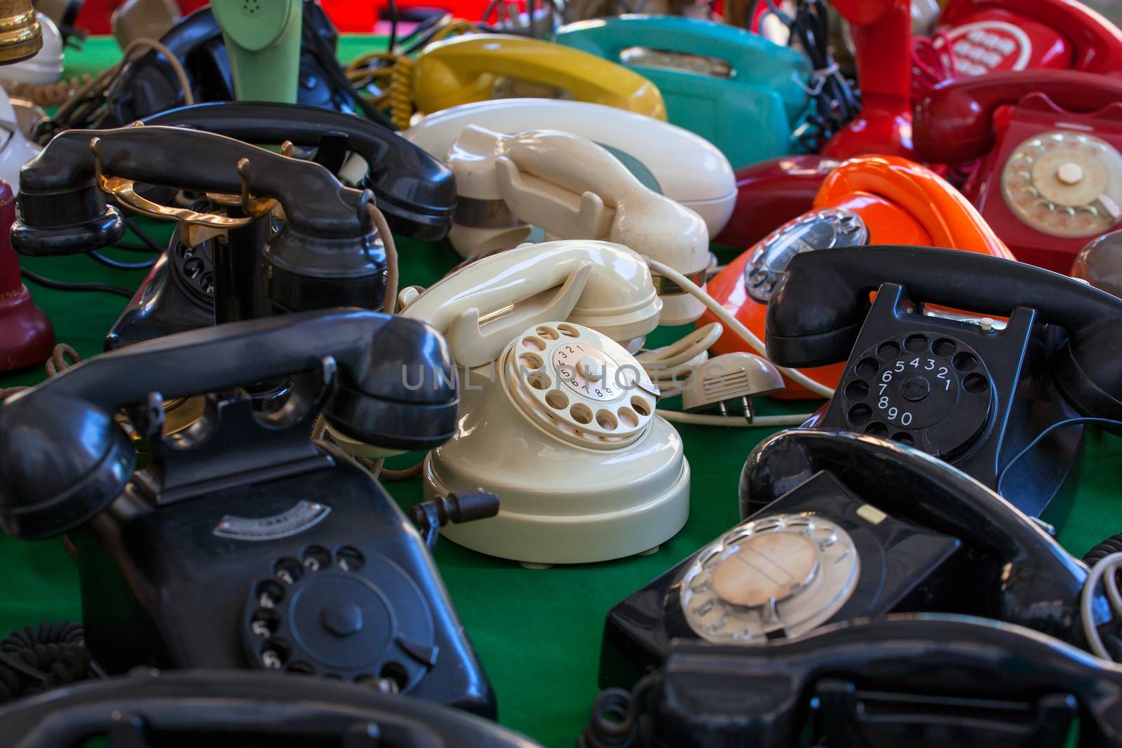 View of vintage telephones in the street market