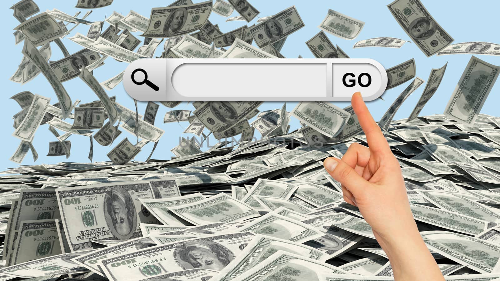 Human hand indicates the search bar in browser. Dollars falling to the stack of dollars as backdrop