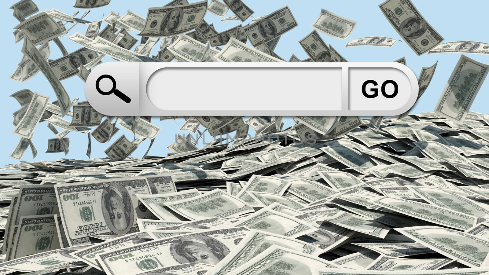 Search bar in browser. Dollars falling to the stack of dollars as backdrop