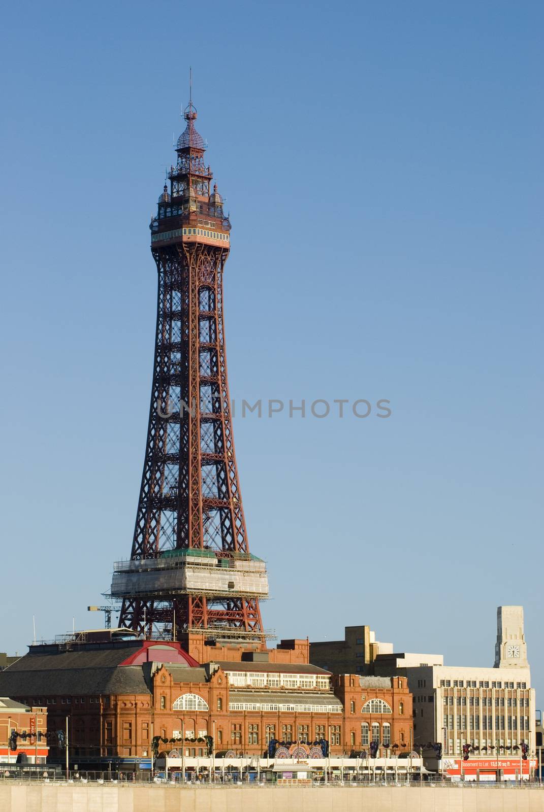 Blackpool Tower, Blackpool, England is a Victorian steel lattice tower on the waterfront of the town and a well known historical landmark