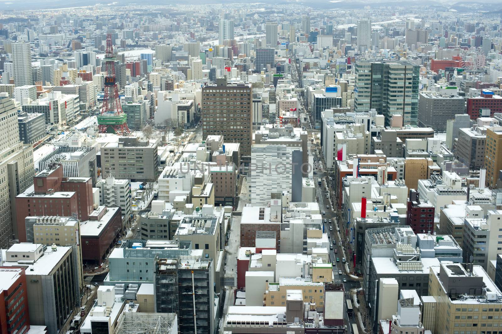 High angle view from the JR Tower of snow on the rooftops of Sapporo, Japan in winter