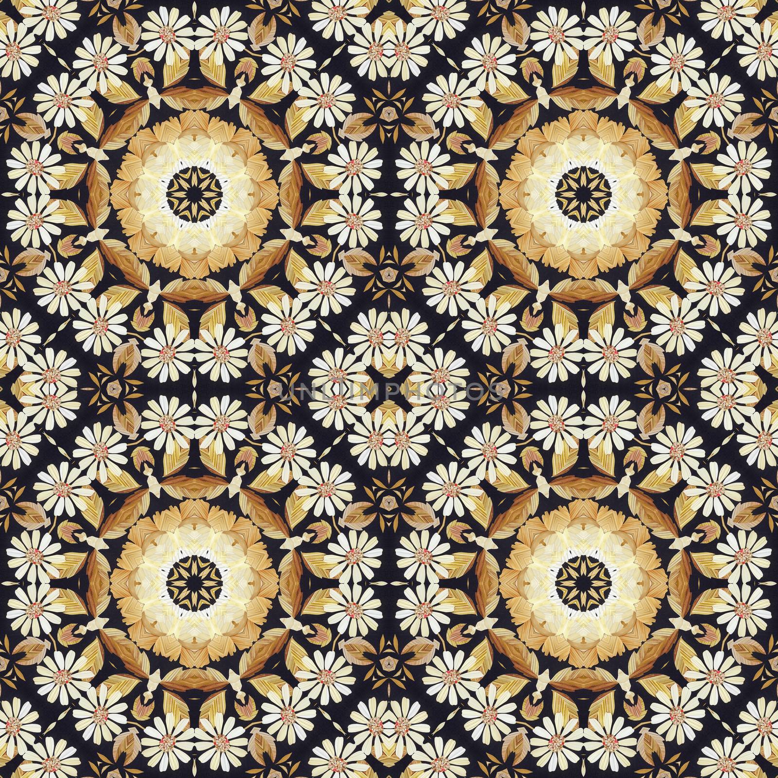 Abstract seamless artistic pattern, floral ornament, handmade applique from painted straw and bark on a black fabric background