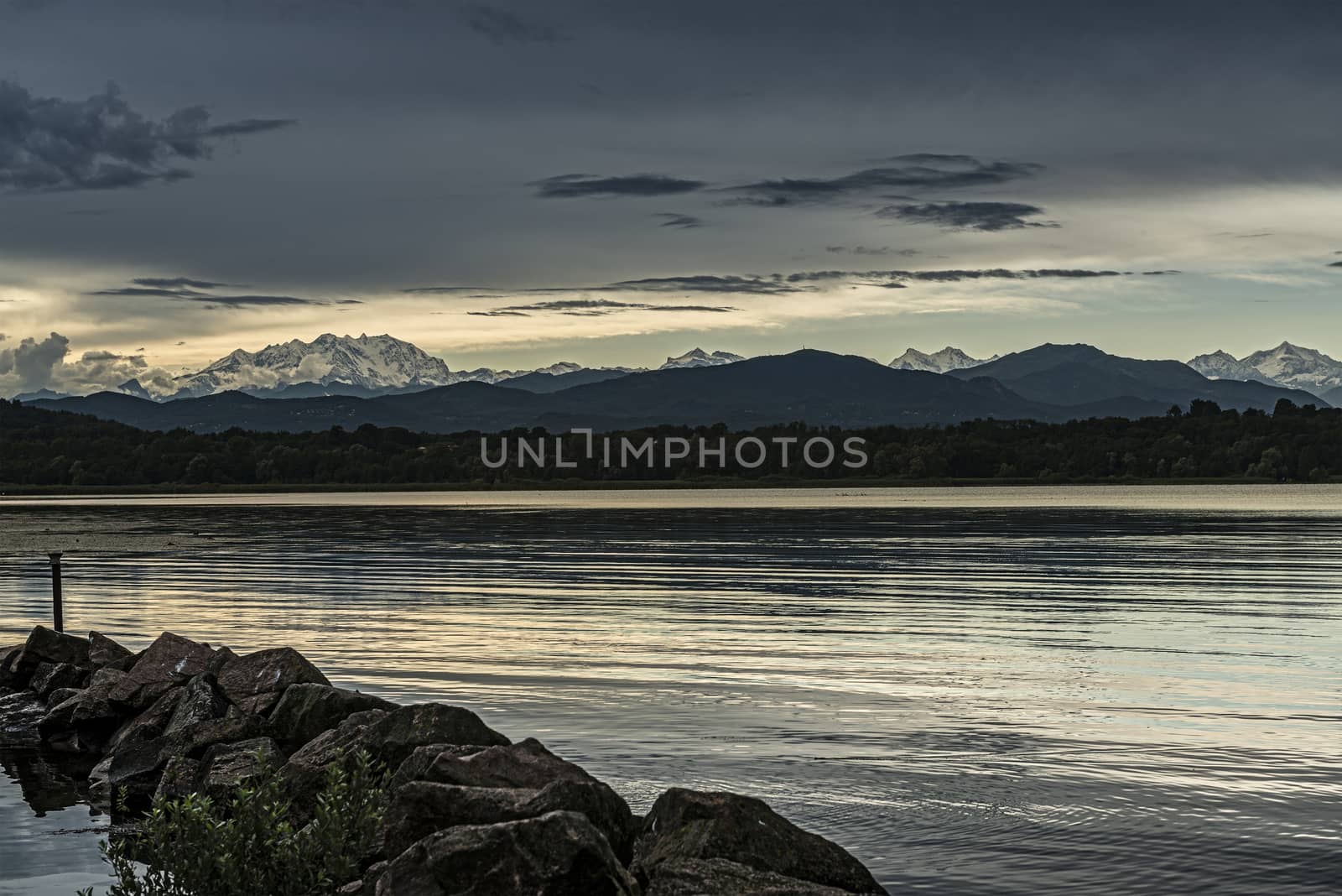 Sundown and Mount Rosa seen from Varese Lake, Lombardy - Italy