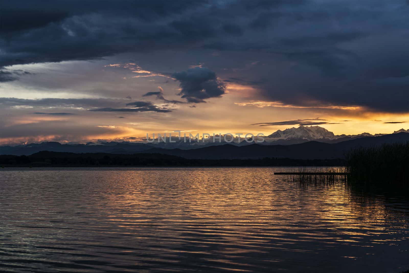 Sundown and Mount Rosa seen from Varese Lake, Lombardy - Italy