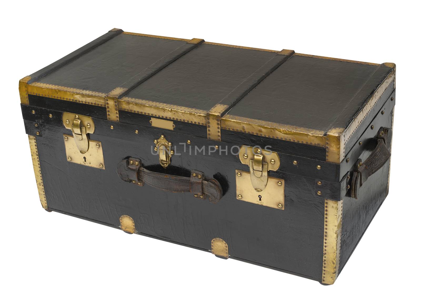 Antique steamer trunk lock and latches in brass, leather and wood custom made in Paris before WWII, isolated