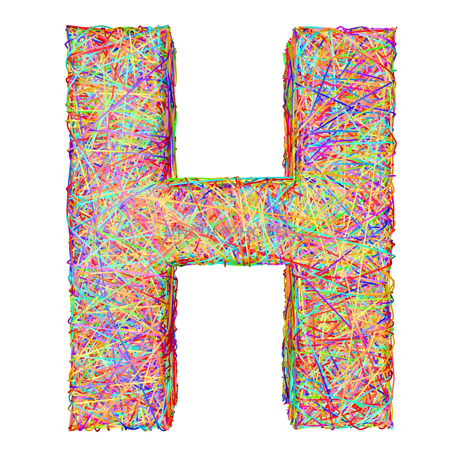 Alphabet symbol letter H composed of colorful striplines isolated on white. High resolution 3D image
