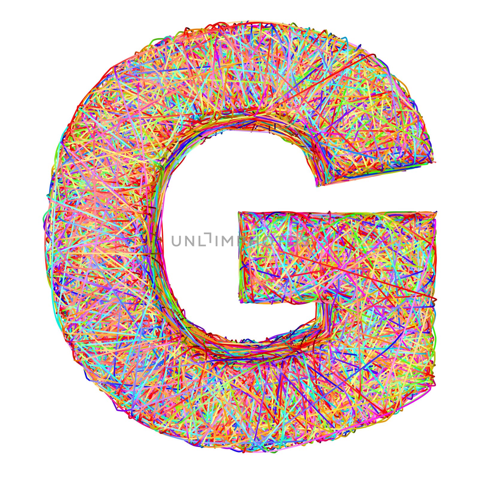 Alphabet symbol letter G composed of colorful striplines isolated on white. High resolution 3D image
