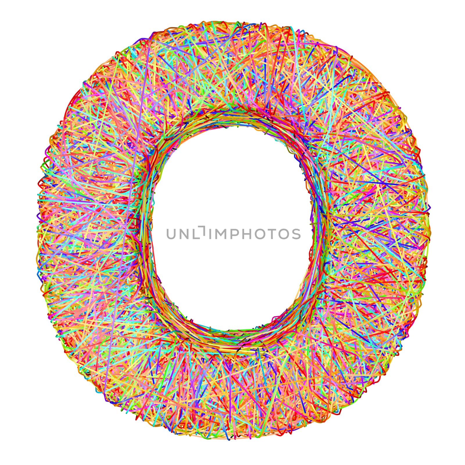 Alphabet symbol letter O composed of colorful striplines isolated on white. High resolution 3D image
