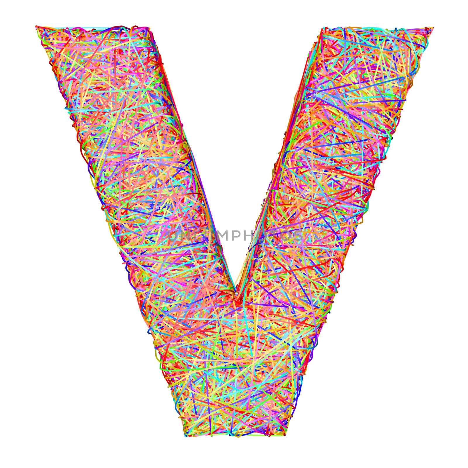 Alphabet symbol letter V composed of colorful striplines isolated on white. High resolution 3D image
