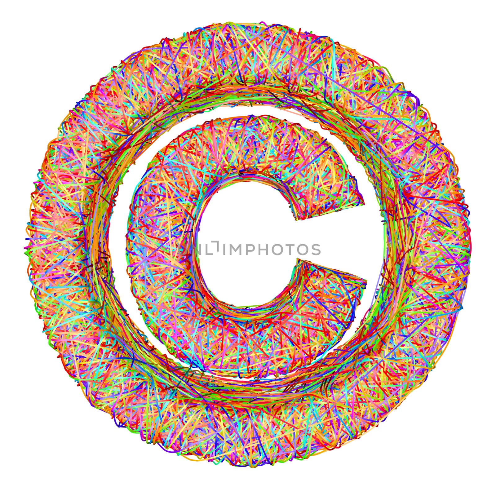 Copyright sign composed of colorful striplines isolated on white. High resolution 3D image