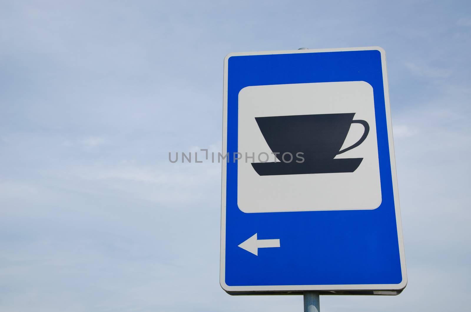 blue information road sign show for the coffee bar restaurant inn bistro dinner cafe cafeteria coffee tea cup service