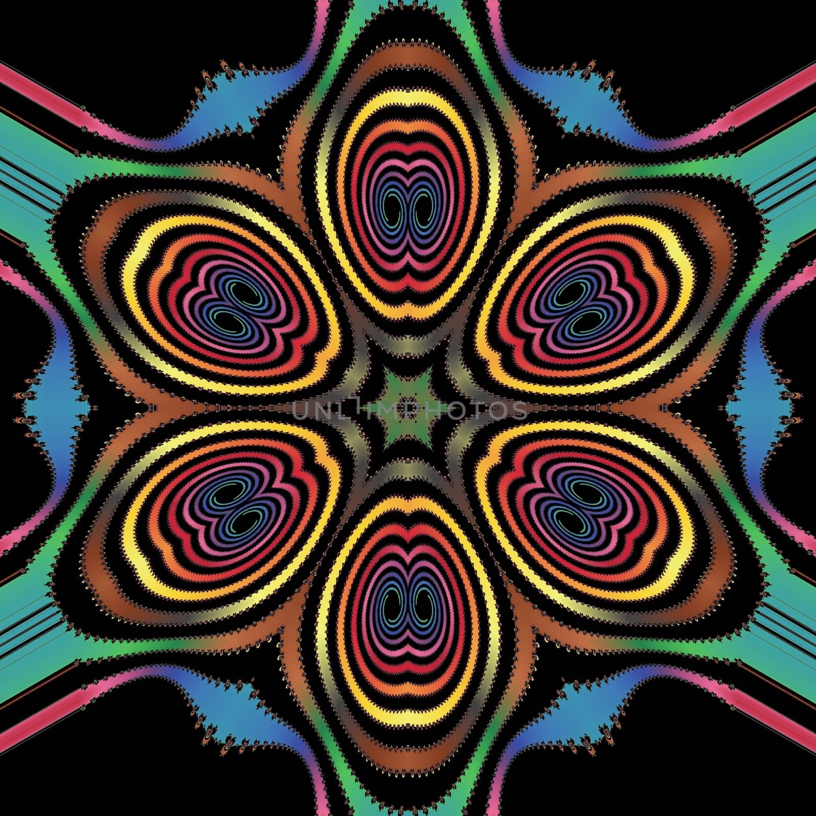 Digital computer graphic - patterned fractal flower on a black background for design.