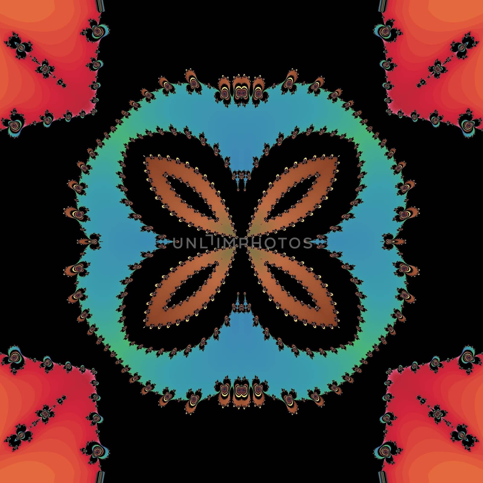 Digital computer graphic - patterned fractal flower on a black background for design.