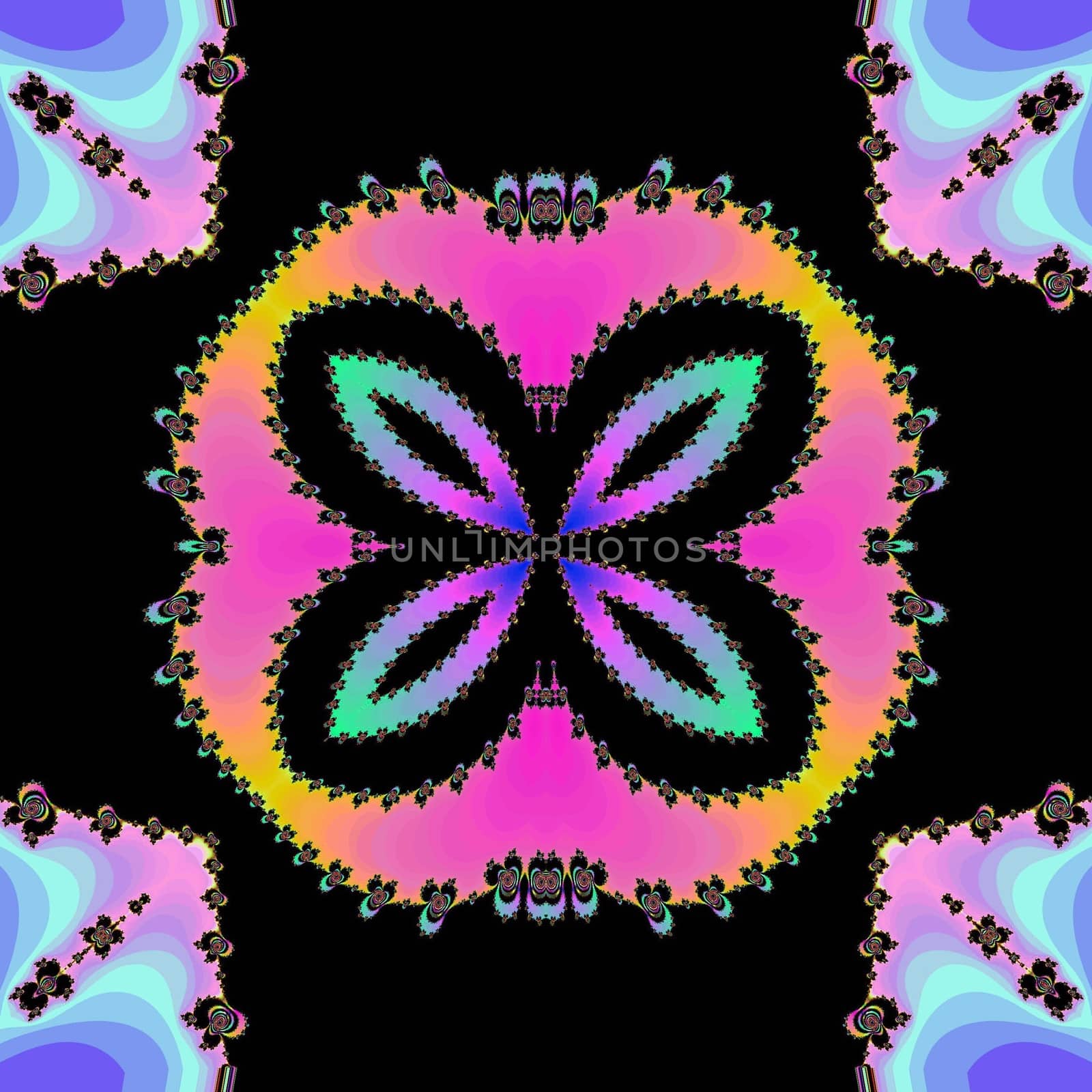Digital computer graphic - patterned fractal flower on a black background for design.