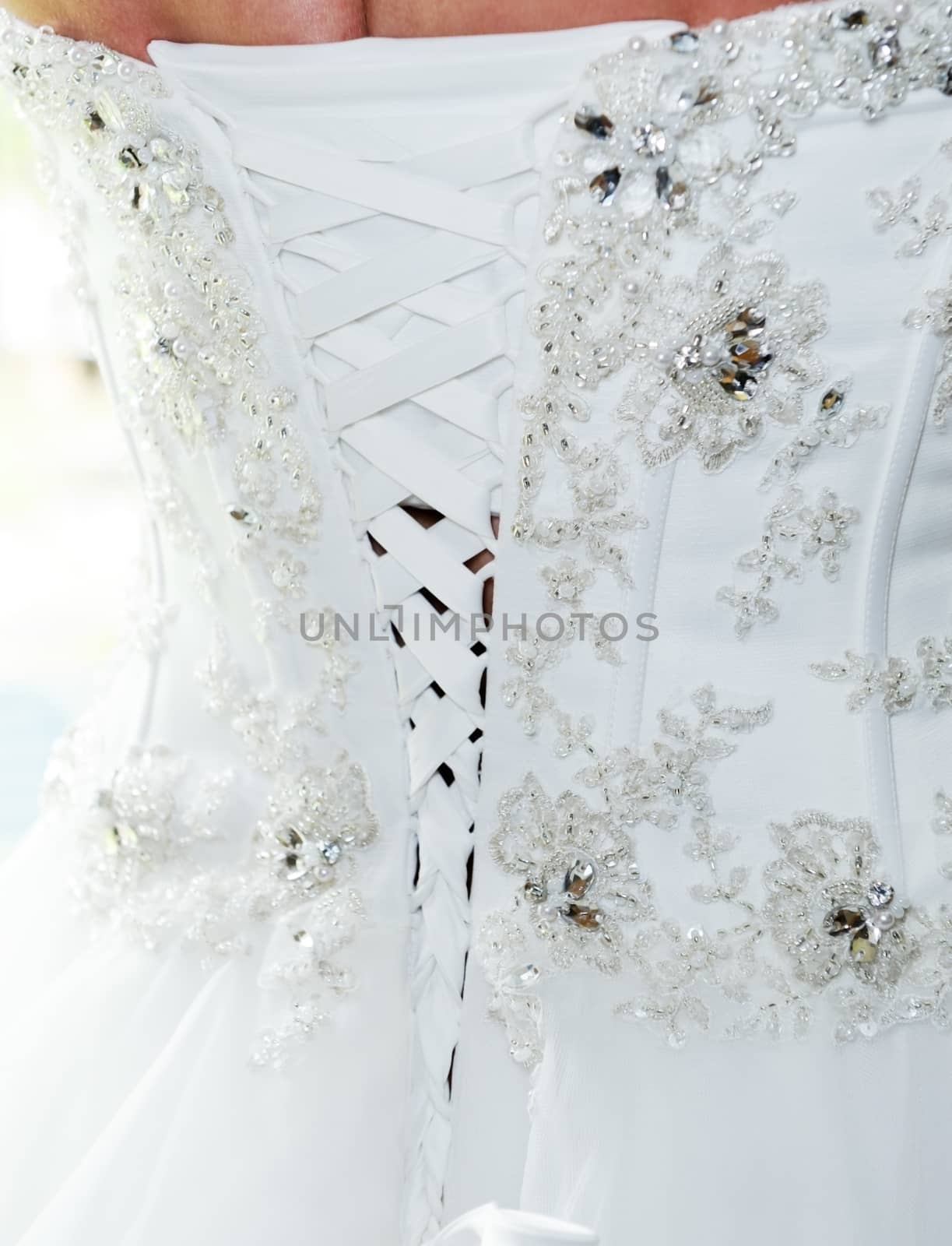 Back of brides wedding dress showing closeup detail