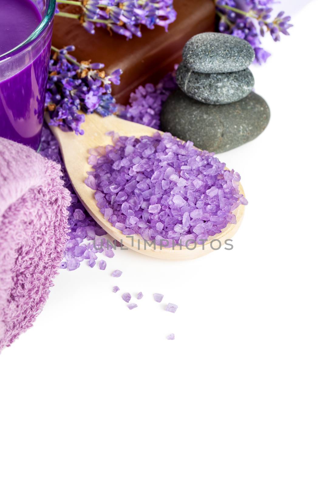 Lavender spa. Beauty composition on white background. Copy space
