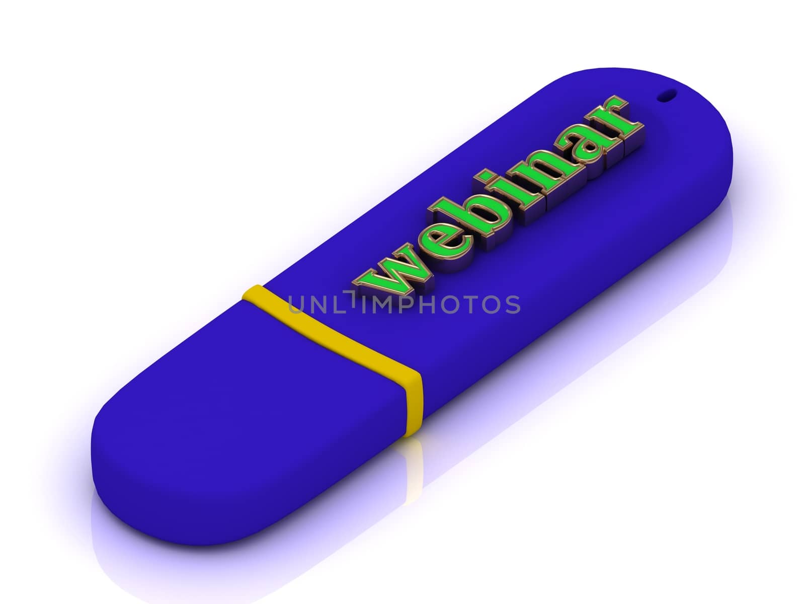 Webinar - inscription bright volume letter on blue USB flash drive on white background