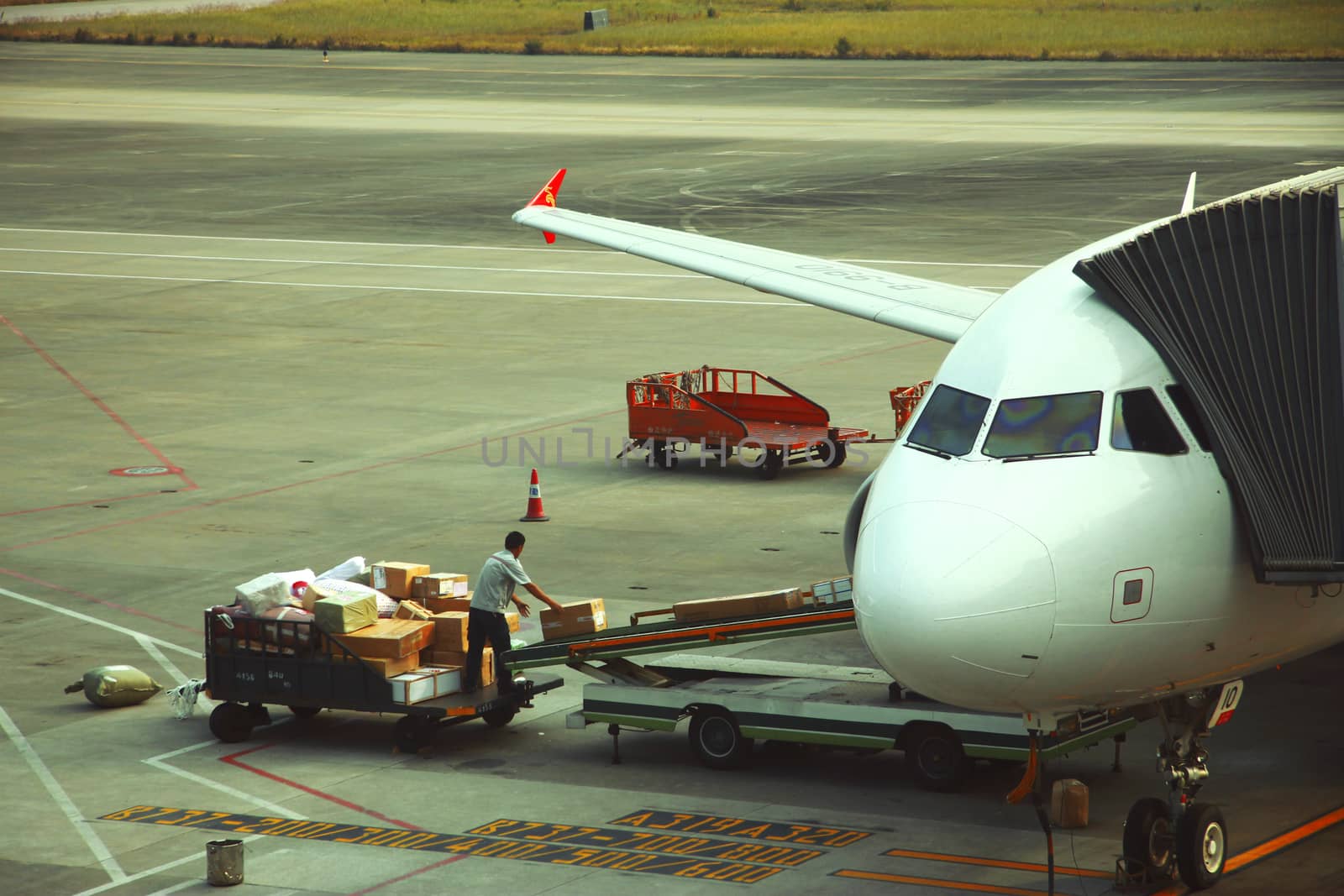 Airplane loading and ready starting to fly