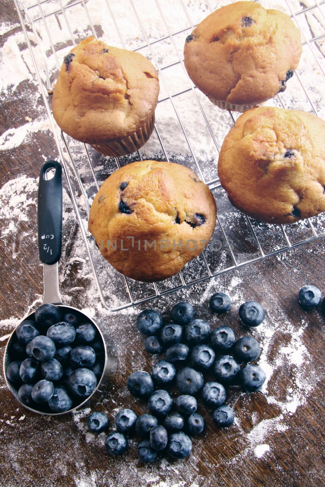 Homemade blueberry muffins on baking rack