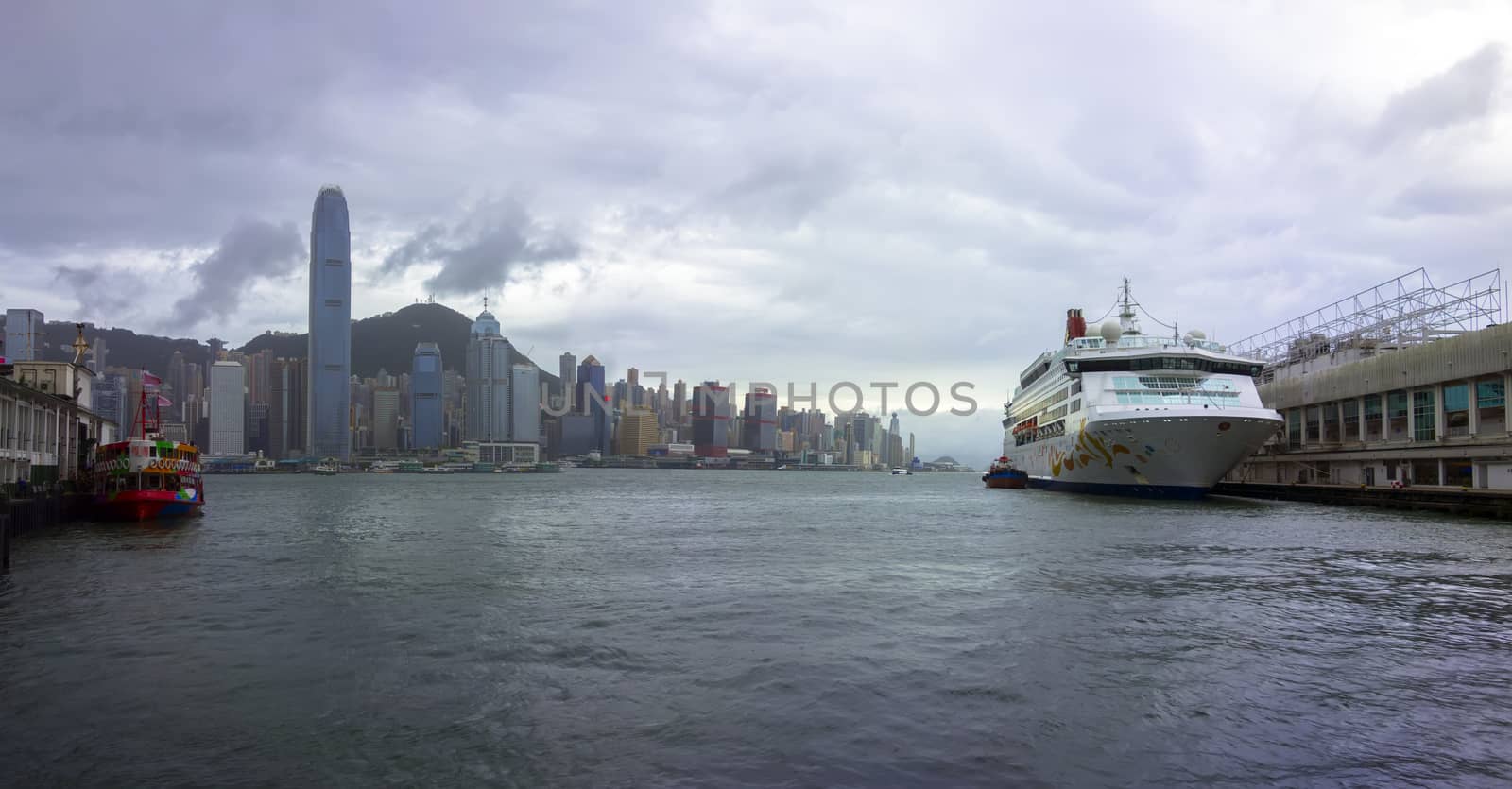 View to Hong Kong Island and Ferry Terminal in the Typhoon Rammasun. 