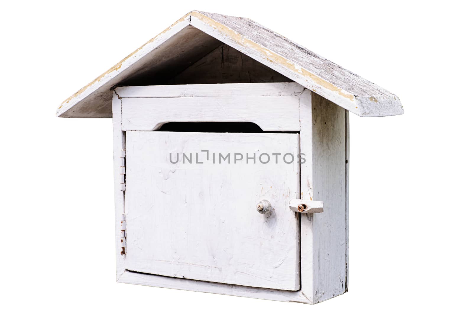 Old wooden mailbox isolated on white with clipping path