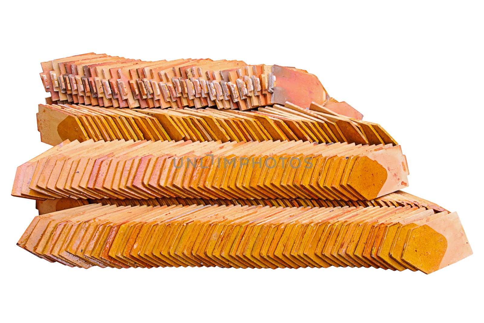 Pile of roofing tiles isolated on white with clipping path
